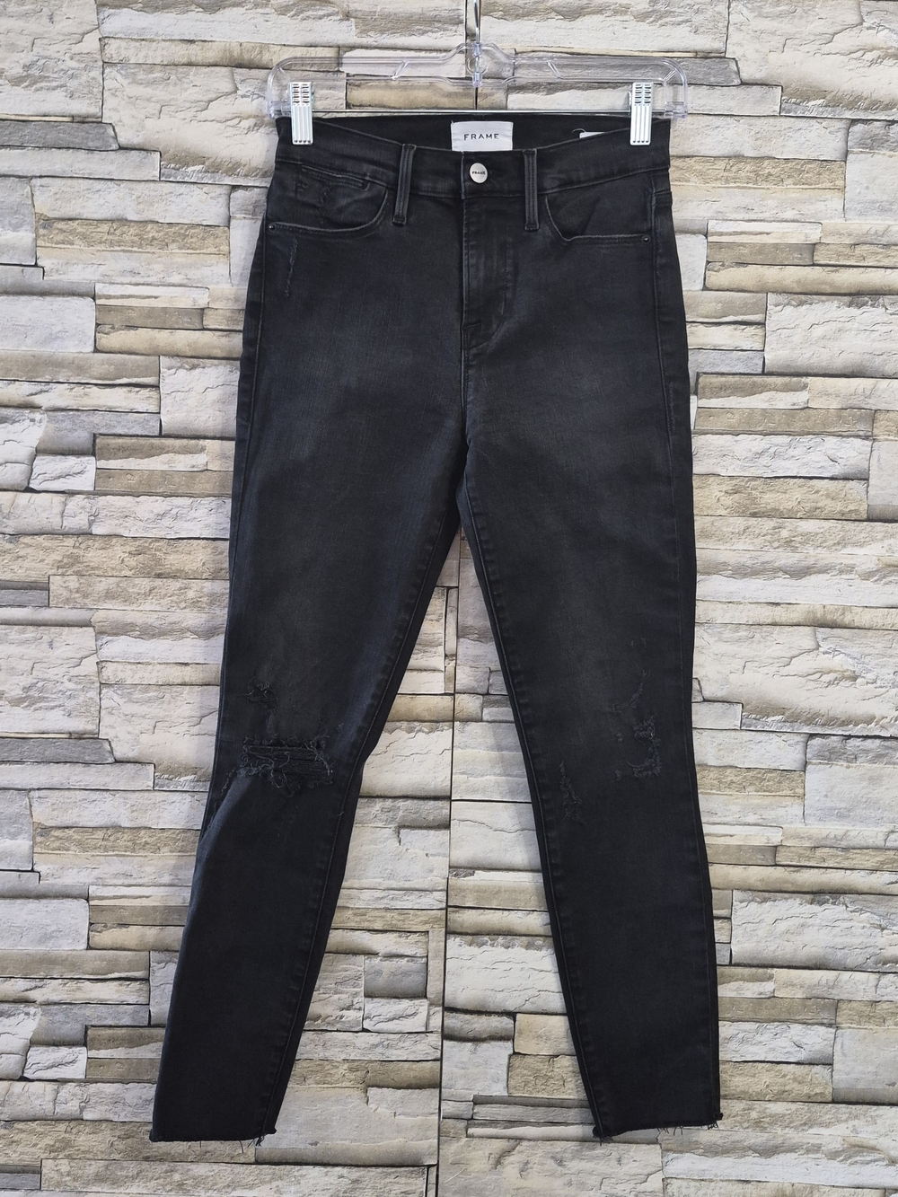 ​FRAME Le High Skinny Crop Jeans Sz 25 Black Distressed Brisbane Rips High Rise